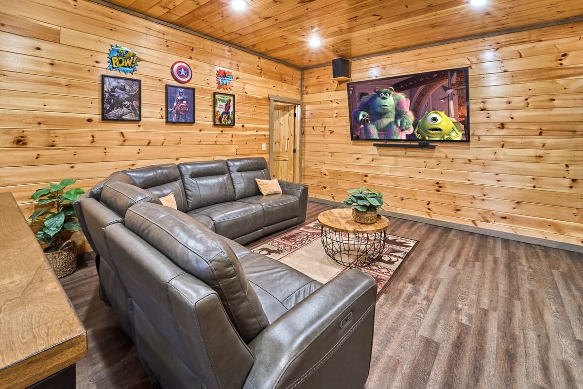 Experience the ultimate home theater with a large screen, premium sound system, and plush reclining sofas for maximum comfort. Perfect for movie nights with family & friends, this cozy entertainment space brings a cinema-like experience to your stay!