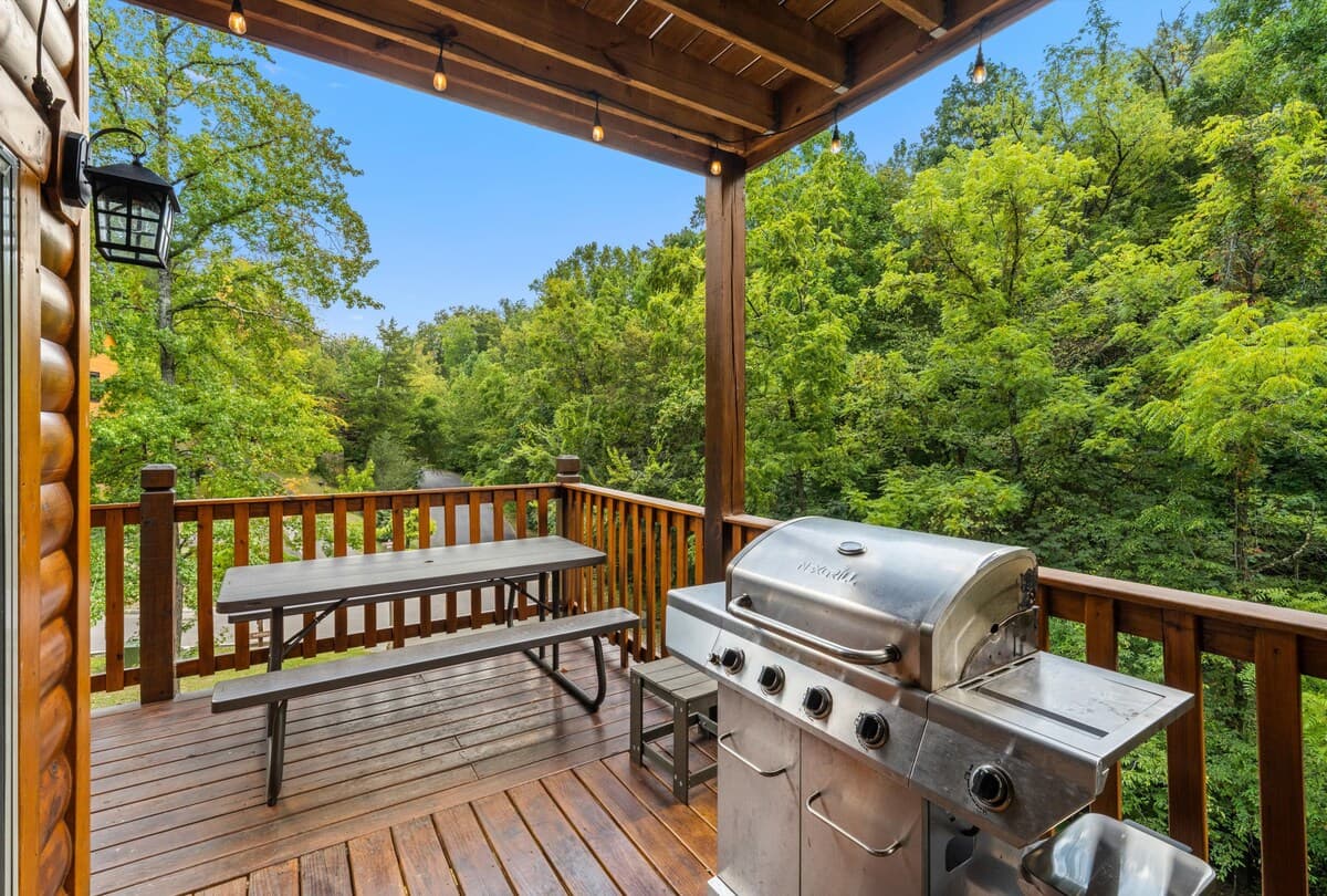 Fire up the propane grill and enjoy outdoor dining with a beautiful wooded view! This deck features a picnic table for group meals, making it perfect for family barbecues and gatherings. Relax, cook, & savor the fresh mountain air in this cozy space.